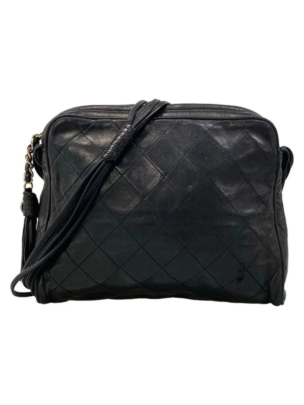 Chanel Shoulder Bag Quilted Black Tassel Gold Lambskin